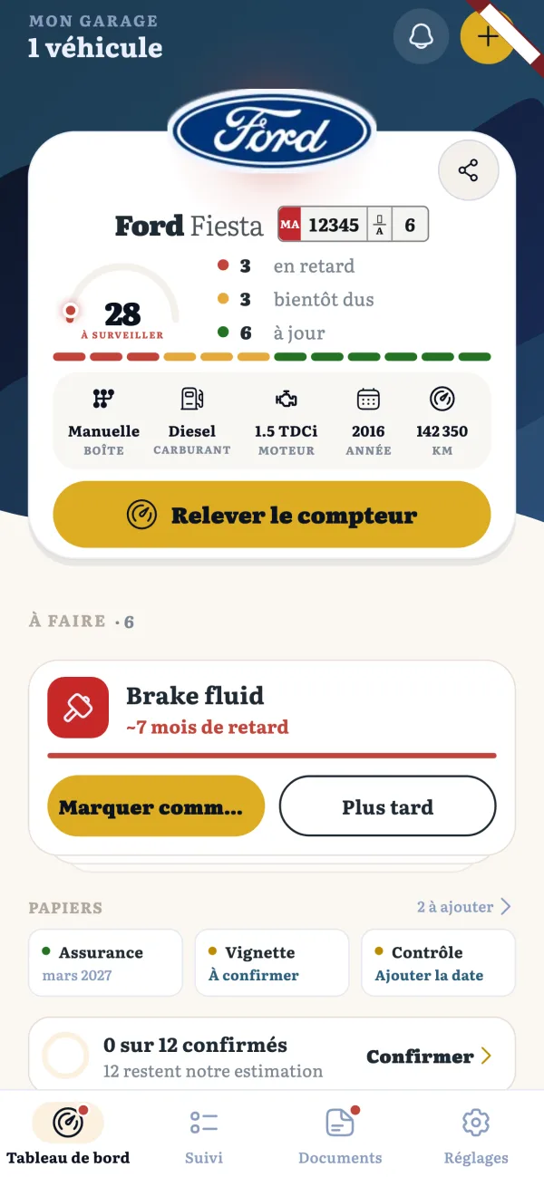 Le tableau de bord Vigilo : une voiture, son score de santé et la prochaine échéance