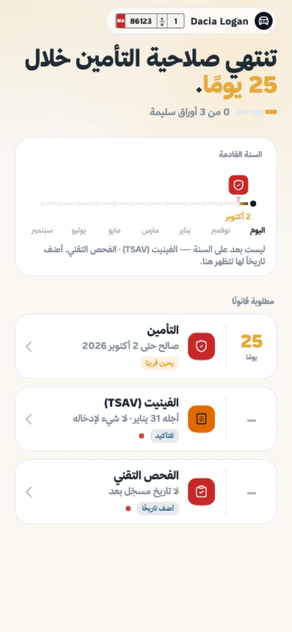 تواريخ التأمين والضريبة السنوية والفحص التقني في Vigilo